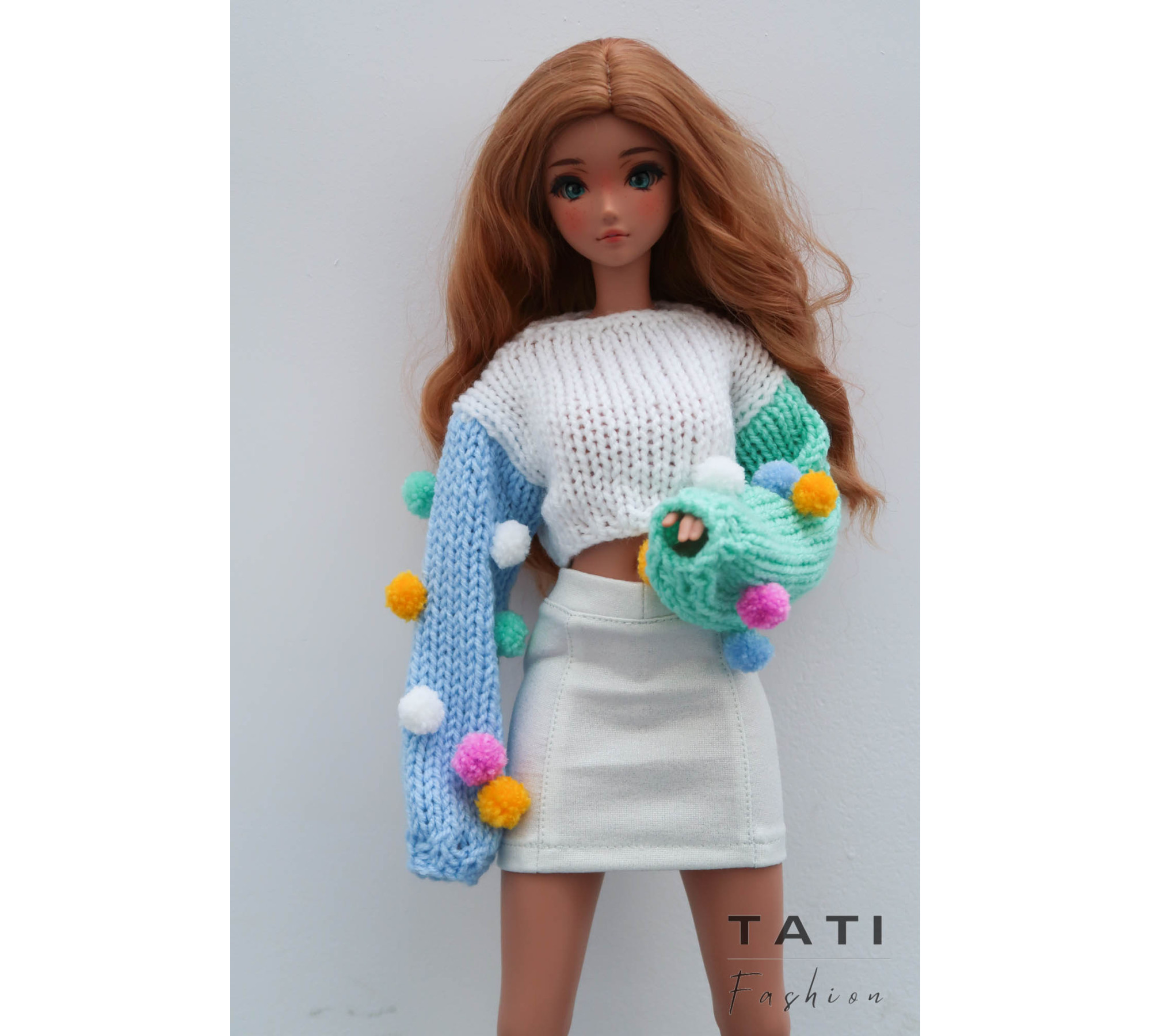 Cropped Jumper with Colored Pompoms for Smart Doll