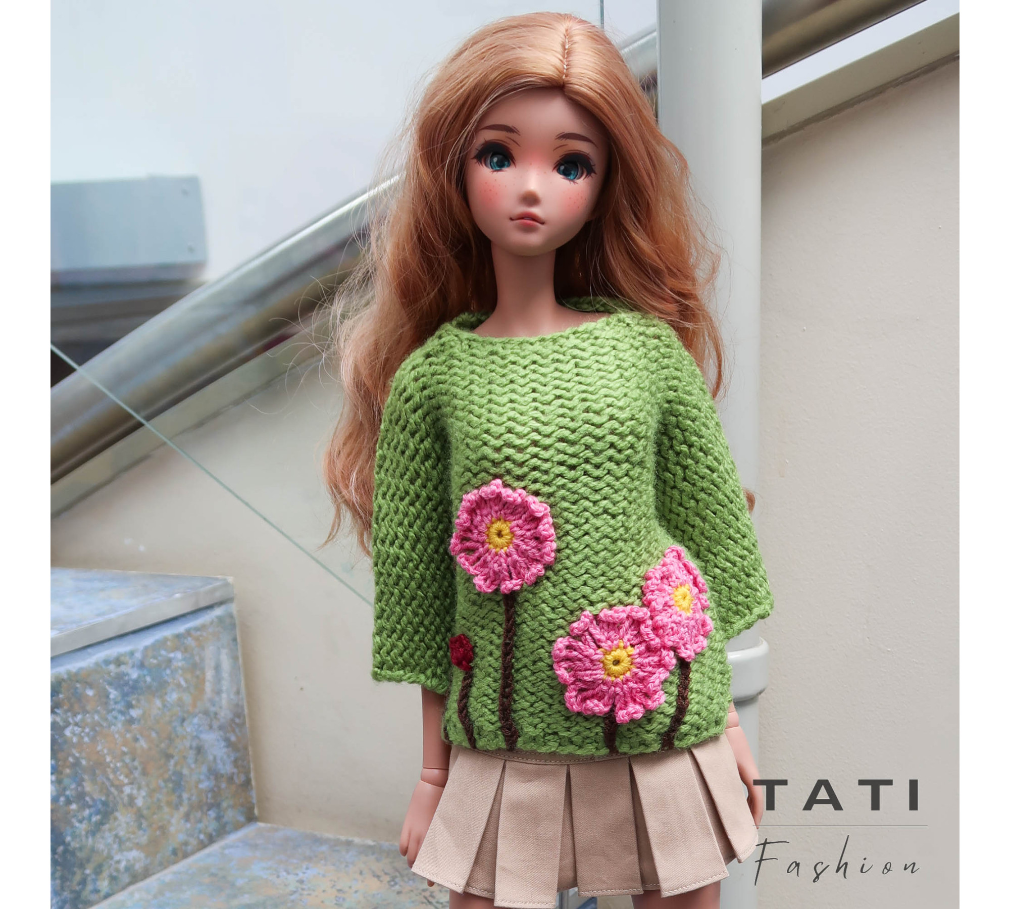 Oversized Sweater with Embroidered Flowers for Smart Doll