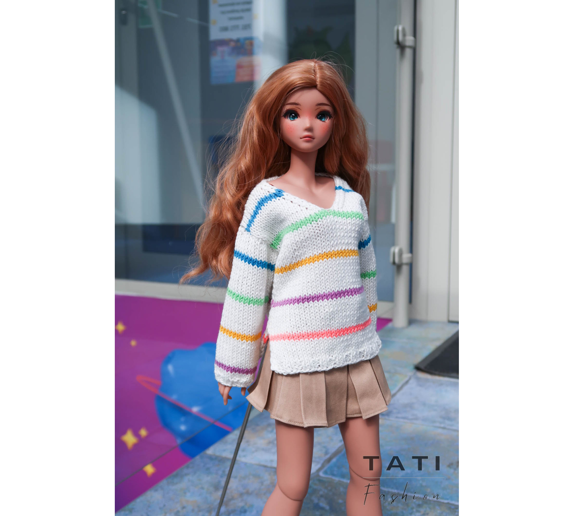 Oversized Sweater with V-neck and Stripes for Smart Doll