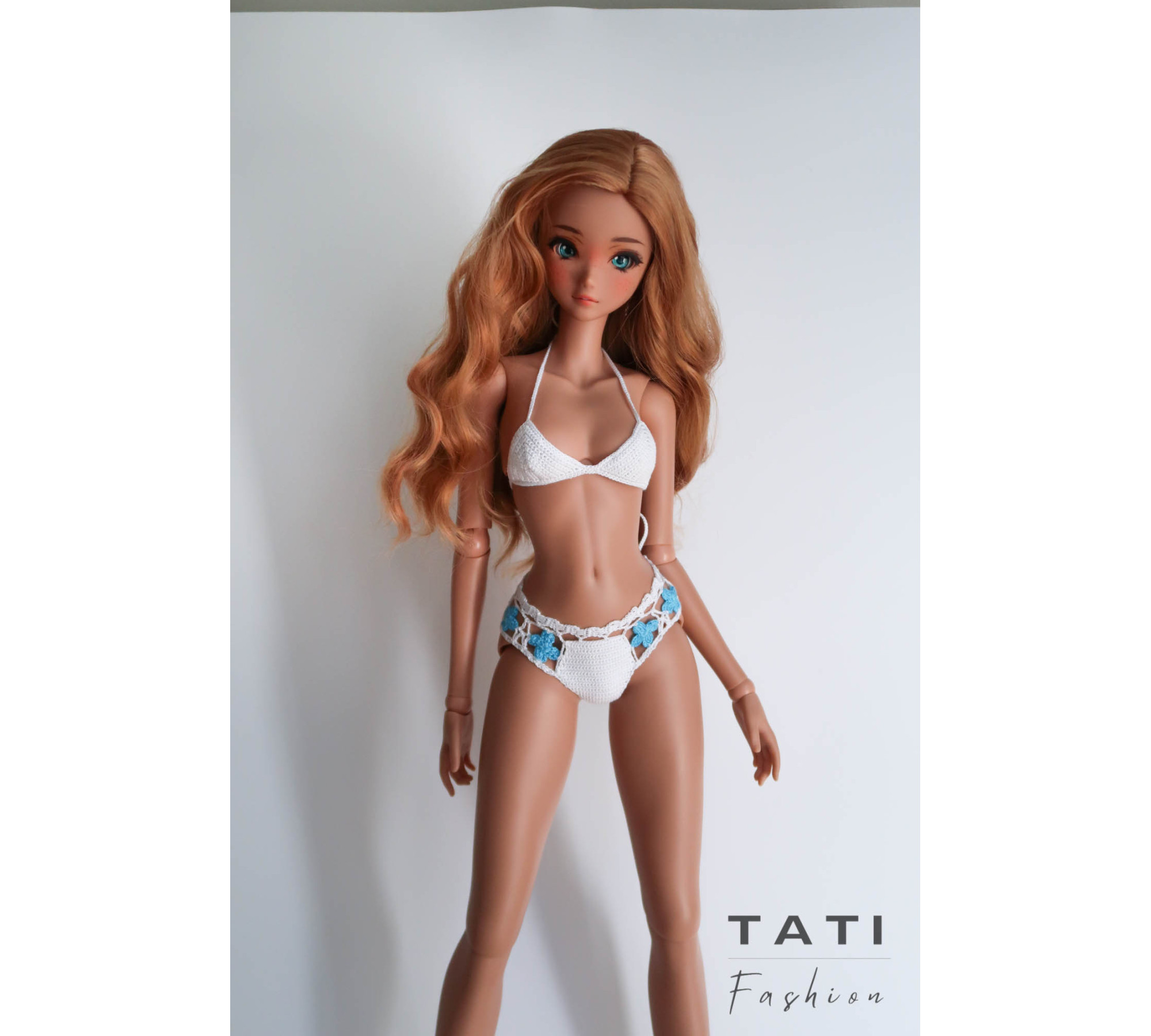 Crocheted Bikini Swimsuit with Blue Flowers for Smart Doll