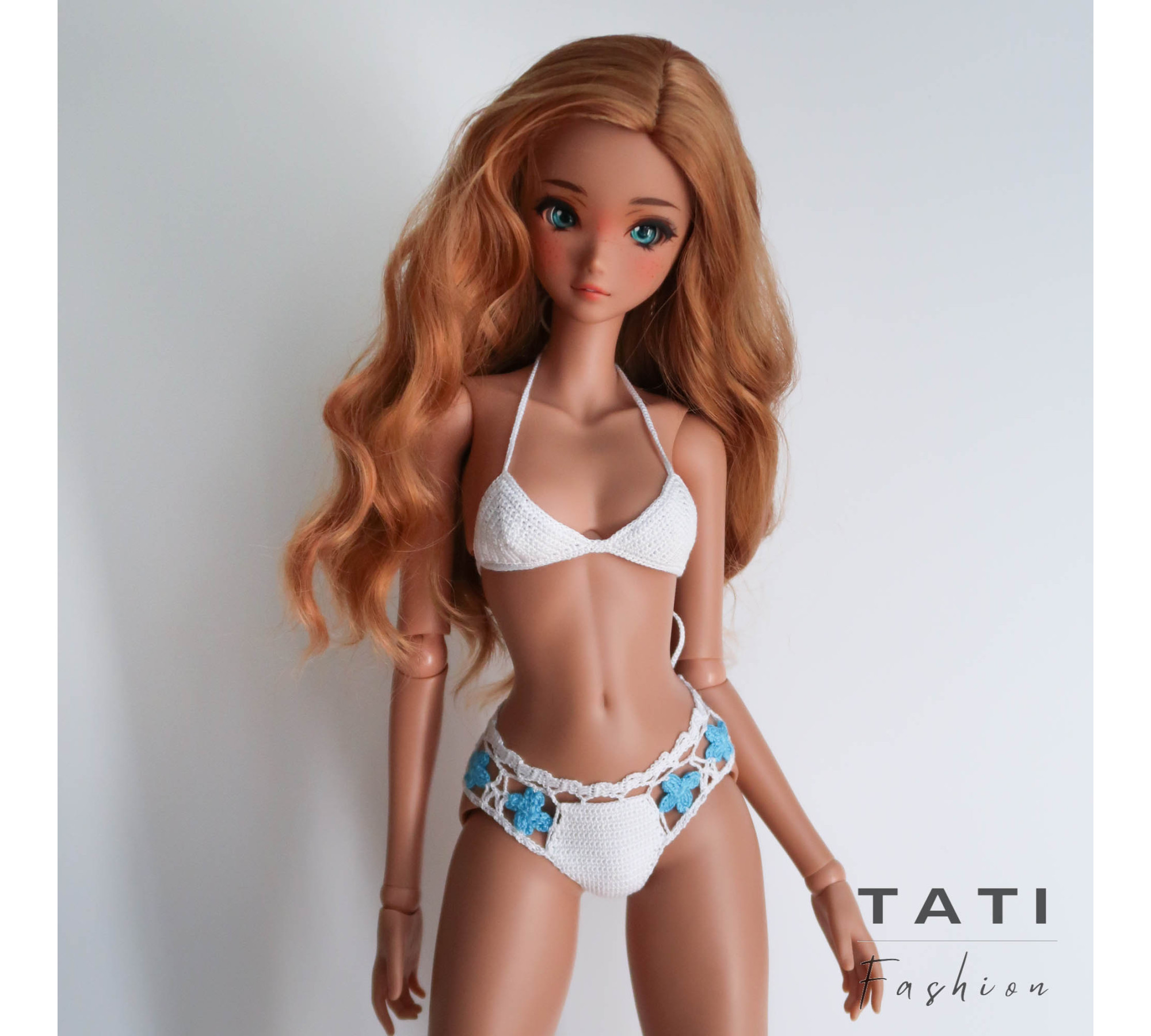 Crocheted Bikini Swimsuit with Blue Flowers for Smart Doll