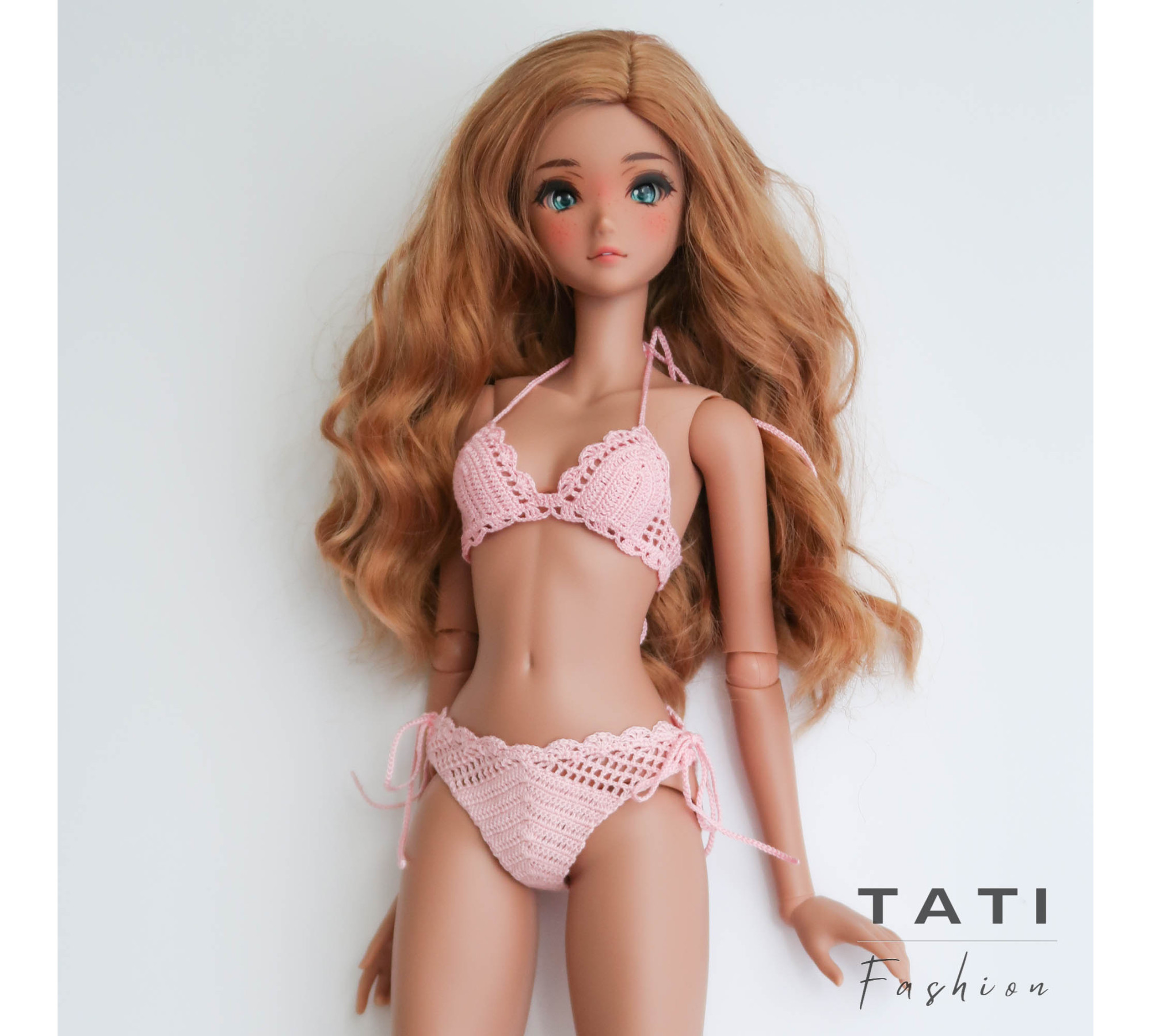 Crocheted Bikini Swimsuit “Pink Cloud” for Smart Doll
