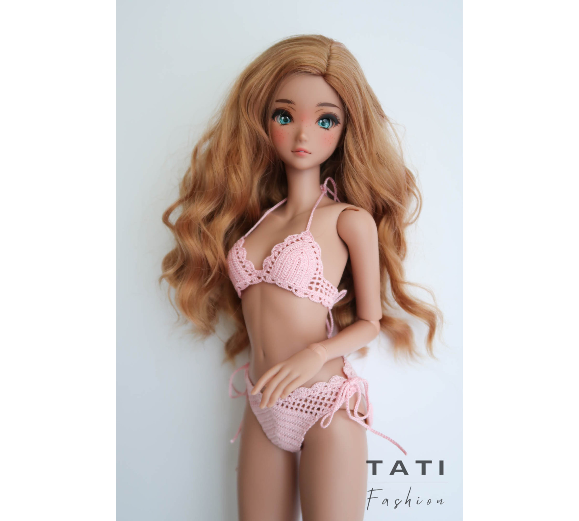 Crocheted Bikini Swimsuit “Pink Cloud” for Smart Doll
