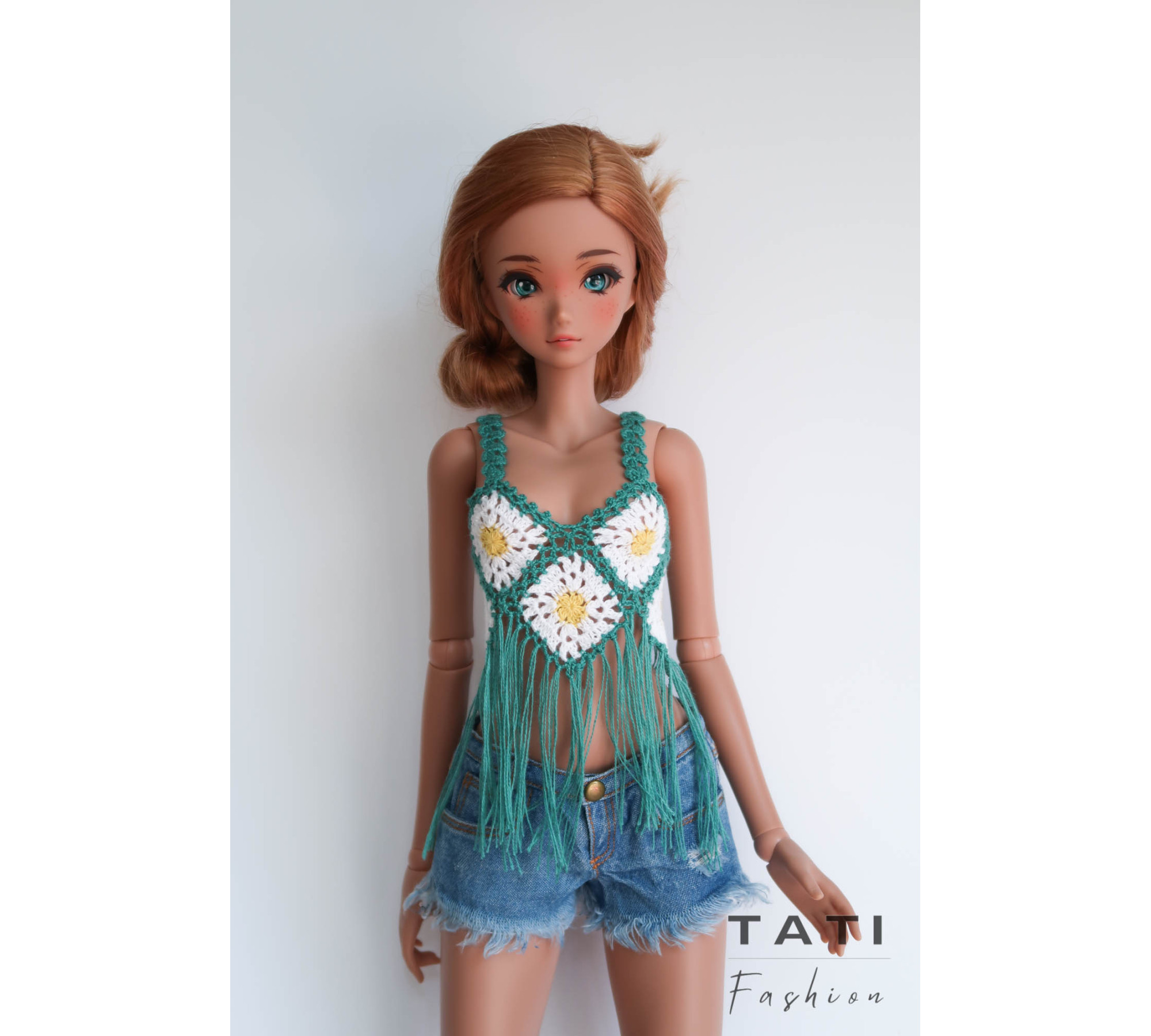 Crocheted Top with flowers and fringes for Smart Doll
