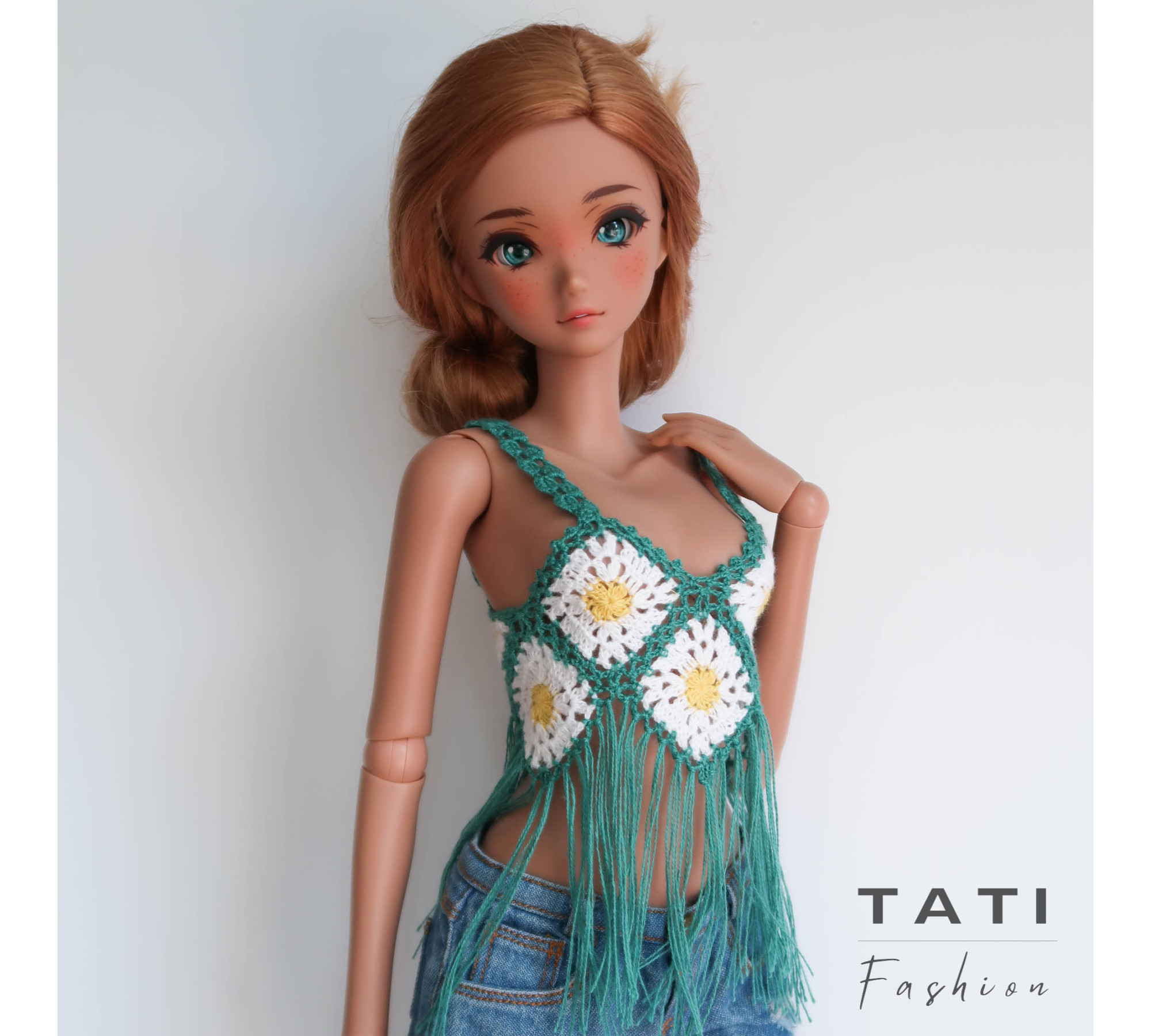 Crocheted Top with flowers and fringes for Smart Doll